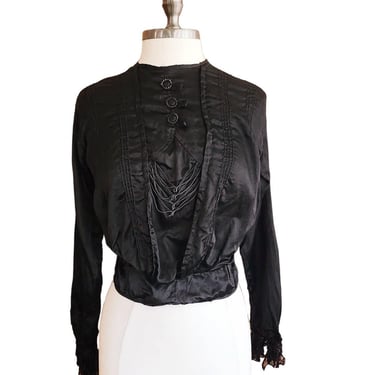 Antique 1910s Black Blouse Embroidered Shirt Long Sleeves 