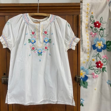 Vintage White Embroidered Multicolored Floral Romantic Cotton Polyester Smocked Blouse. By Copperhive Vintage. 