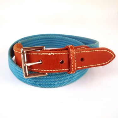 Vintage 1980s Belt Teal and Brown Leather and woven cotton Belt 