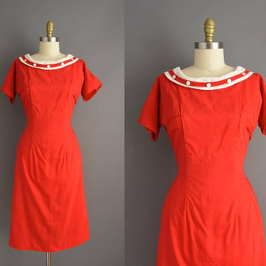 1950s dress | Candy Apple Red Cotton Short Sleeve Wiggle Dress | Medium | 50s vintage dress 