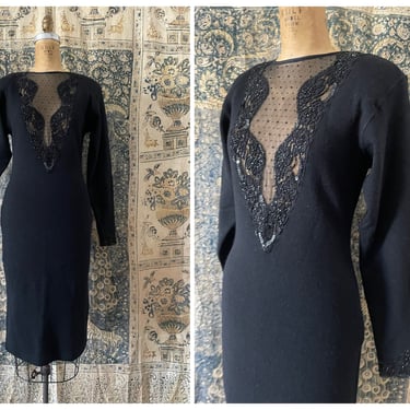 Sexy ‘80s beaded lambswool dress with sheer net plunge neckline | long sleeve wool knit dress, fitted sweater dress, S/M 
