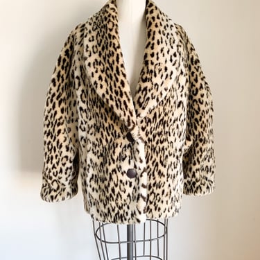 Vintage 1980s Leopard Print Faux Fur Coat / M 