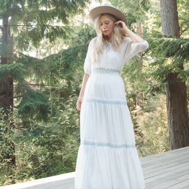 70s Embroidered Cotton Voile Prairie Dress / Jody of California 1970s Baby Blue + White Bohemian Wedding Dress / Vintage Sheer Maxi Dress 