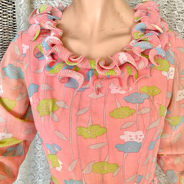 Flower Power Vintage Dress, Ruffled Trim, Flirty, Pink, Mod Print, Tiny Pleats Ruffles, 25 in. Waist 