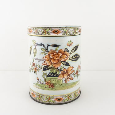 Vintage Daher Lidded Metal Tin Can with Asian Floral Design, Cylinder Shaped Tin Container with Lid 