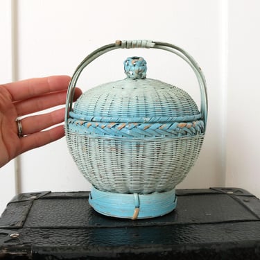 antique handle basket • small blue Chinese wedding basket • footed basket with lid & old paint patina 