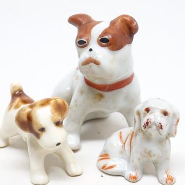 3 Small 1940's Antique China Bisque Dog & Puppies, Hand Painted Vintage Toy Animals 