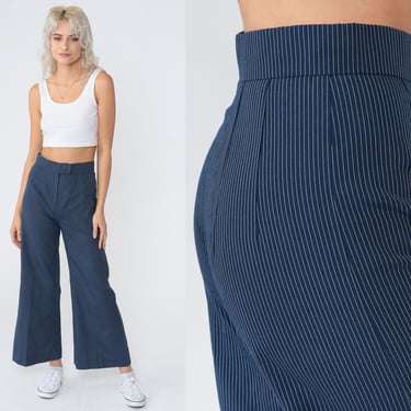 Pinstripe Trousers 70s Wide Leg Bell Bottom Pants Navy Blue White Striped Boho Hippie Mid Rise Bohemian Vintage 1970s Extra Small xs 25 