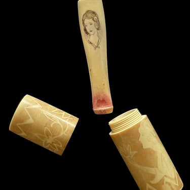 1920s Cigarette Holder / Etched Lady Portrait Cig Holder and Matching Case / Original Lipstick Traces 