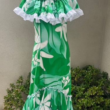 Vintage Hawaiian luau floral dress green white ruffles Sz S by T&L Muumuu Factory 