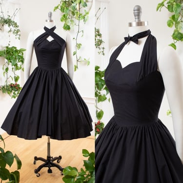 Vintage 1980s does 1950s Sundress | 80s Black Cotton Criss Cross Halter Circle Skirt Midi Tea Pin Up Day Dress | medium 