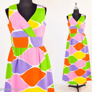 1970s Geometric Print Maxi Dress | 70s Colorful Op Art Print Maxi | Malia Honolulu | Medium 