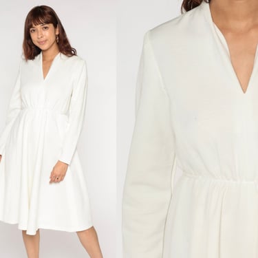 White Midi Dress 1970s V Neck Dress 70s GRECIAN Draped Plain Polyester Simple Party High Waist Vintage Long Sleeve Small Medium 