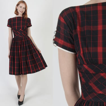 Jonathan Logan Red Plaid Dress, Vintage 50s Rockabilly Style Frock, Full Circle Skirt Metal Zip, Gingham Print Cotton MCM Outfit 