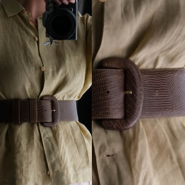 Vintage 80s Donna Karan Brown Reptile Embossed Wide Leather Waist Belt | Made in Italy | 100% Genuine Leather | 1980s DKNY Designer Belt 