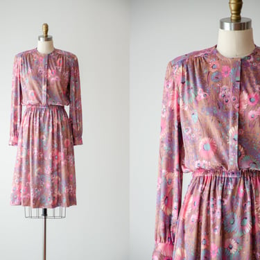 cute cottagecore dress | 70s 80s vintage light brown pink purple floral long sleeve knee length dress 