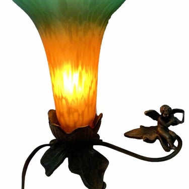 Vintage Tulip Accent Table Lamp With Violin Playing Cherub & Metal Leaves Base 