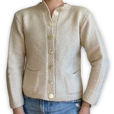 Vintage Womens Hand Knit White Wool Preppy Boxy Fit Handmade Boho Cardigan Sz M 