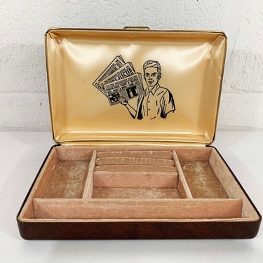 Vintage Men's Jewelry Box Mele Style Velvet Cufflinks Ring Case Brown Gold Travel Hard Clamshell Tie Clip Storage 1960s 