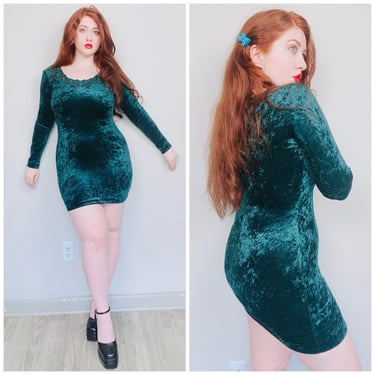 1990s Vintage All That Jazz Crushed Velvet Body Con Dress / 90s Forest Green Lace Applique Mini Dress / Size Small - Medium 