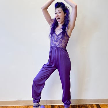 80’s Purple Nylon Lace Lingerie Jumpsuit Catsuit Genie