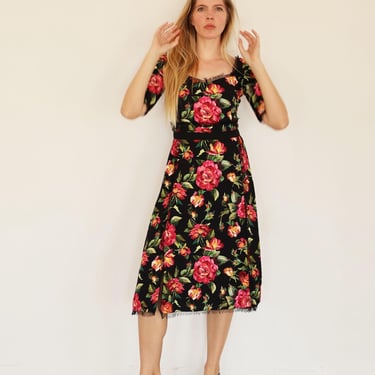 Vintage Dolce and Gabbana Floral Print Black Midi Dress with Sweetheart Neckline + Grosgrain Details and Tulle sz IT 42 Rose 