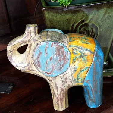 Hand Carved Wood Elephant~Vintage 7" Elephant Figurine Painted Wood Pachyderm made in India~JewelsandMetals 