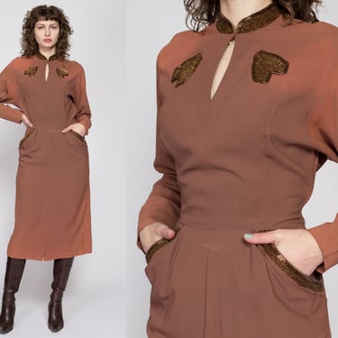 Medium 1940s Terra Cotta Beaded Heart Dress | Vintage 40s Long Dolman Sleeve Keyhole Pocket Midi Dress 