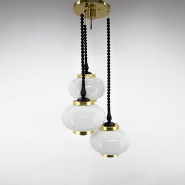 Mid Century Wood, Milk Glass & Brass Cascade Chandelier, Poland 