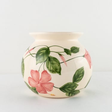 Round Vintage Vase with Handpainted Pink Flowers, Light Beige Pink and Green Ceramic Pot 