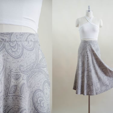light gray wool skirt | 90s y2k vintage Ralph Lauren gray paisley light dark academia fit and flare fine wool midi skirt 