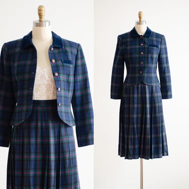 plaid wool suit 80s vintage Pendleton Baird tartan navy pleated wool skirt suit 