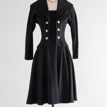 Darling 1940's Black Gabardine Cocktail Dress With Button Jacket / SM