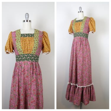Vintage 1970s maxi dress prairie cotton calico floral patchwork puff sleeve color block 