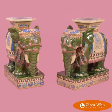Pair of Green and Gold Elephants Garden Seats