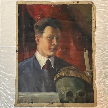 Early 1900s Memento Mori Painting of Artist with Skull by Louis E. Rasch - Minnesota Artist - Illustration Art - Antique Art Deco Paintings 