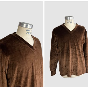 MARTINI Vintage 70s Deadstock Brown Cotton Velour V Neck Sweater | 1970s Dead Stock  Shirt Top | Hippie  Disco Streetwear | Mens Size Large 