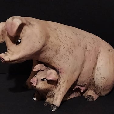 Vintage Signed Folk Art Sow & Piglet Resin Sculpture Italy Pig Figurine 5" 