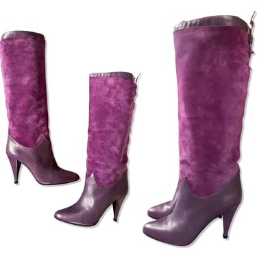 80s sz 8.5 purple suede high heel boots  / vintage 1980s candy colored knee high boots 70s disco 
