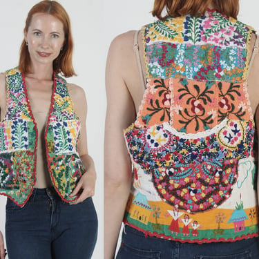 Hand Made Oaxacan Patchwork Vest, OOAK Mexican Cotton Embroidered Blouse, Guatemalan Village Folklorico Top 