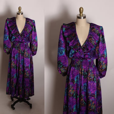 1980s Purple, Blue and Black 3/4 Length Sleeve Ruffle Pleated Hem Abstract Deep V Neck Dress by Susan Freis -M 