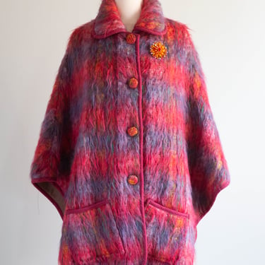 Fabulous 70's Rainbow Shaggy Wool Pile Cape From England / Medium