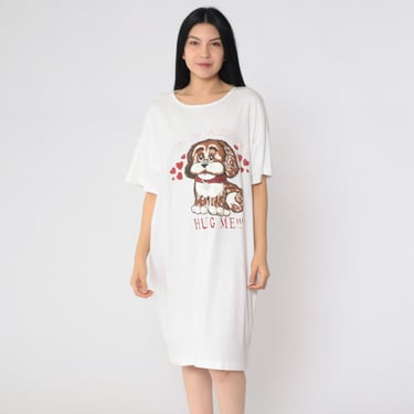 Vintage Dog T-Shirt Dress 90s Pajama Tshirt Don't Just Stand There - Hug Me Midi Nightie Kawaii Tee White 1990s Small Medium Large 