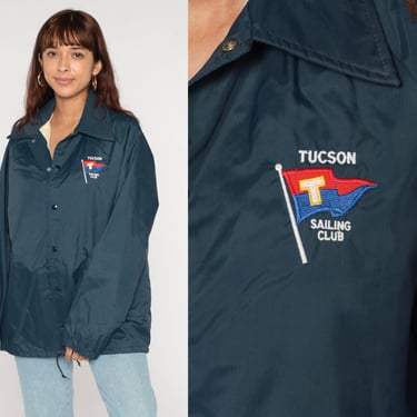 Tucson Sailing Club Jacket 70s 80s Windbreaker Sailor Patch Uniform Jacket Snap Up Retro Nylon Navy Blue Vintage Men's Medium 