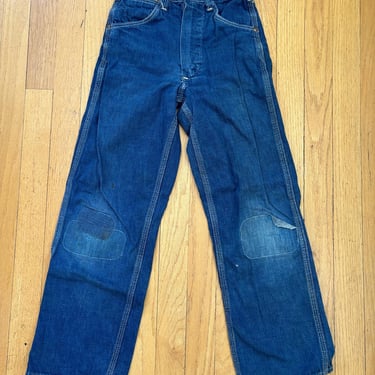 Vintage 60s Kids Denim Jeans Dungarees Patched Straight Wide Legged 22 Waist by TimeBa