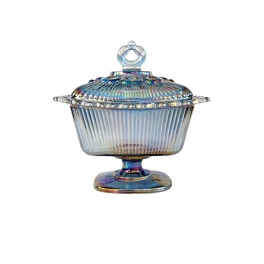 Vintage Blue Carnival Glass Candy Dish, Colored Glass Covered Compote, Mid Century Collectible Glass 