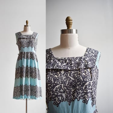 1940s Blue & Gray Floral Cotton Shirt Dress 