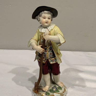 Antique Meissen Figurine Boy with Rake Gardening, Library decor gifts, shelf decor statues, colonial figurines, 