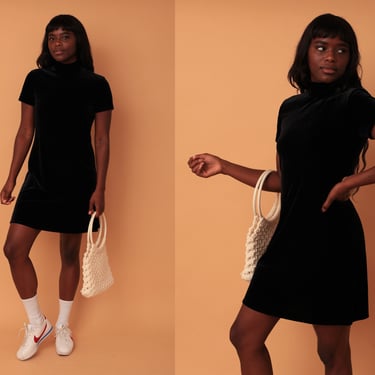 Vintage 1980s Jet Black Velvet Turtleneck Shift Short Sleeve Mini Dress 