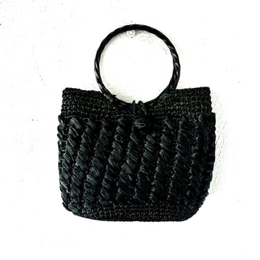 Vintage 60s 70s Raffia Straw Black Bag 1960s 1970s Top Handle Beach Purse Handbag 